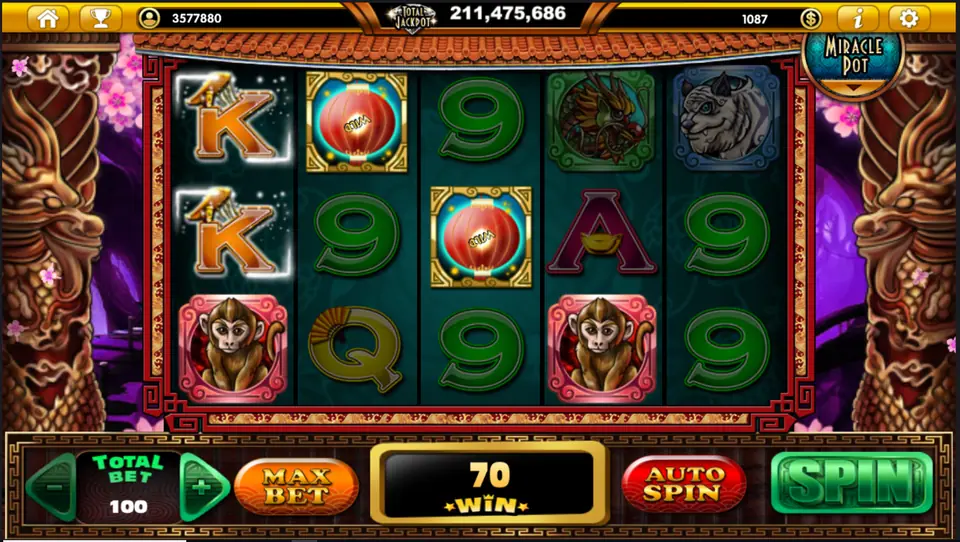 Monkeys on reels one and four, lanterns and card ranks for a 70 win