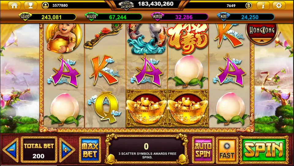 God of Wealth slot on Live22 with a fortune boy holding gold, a ruyi sceptre, koi, peaches and two gold ingot bowls on 5x3 reels, Hong Kong badge top right