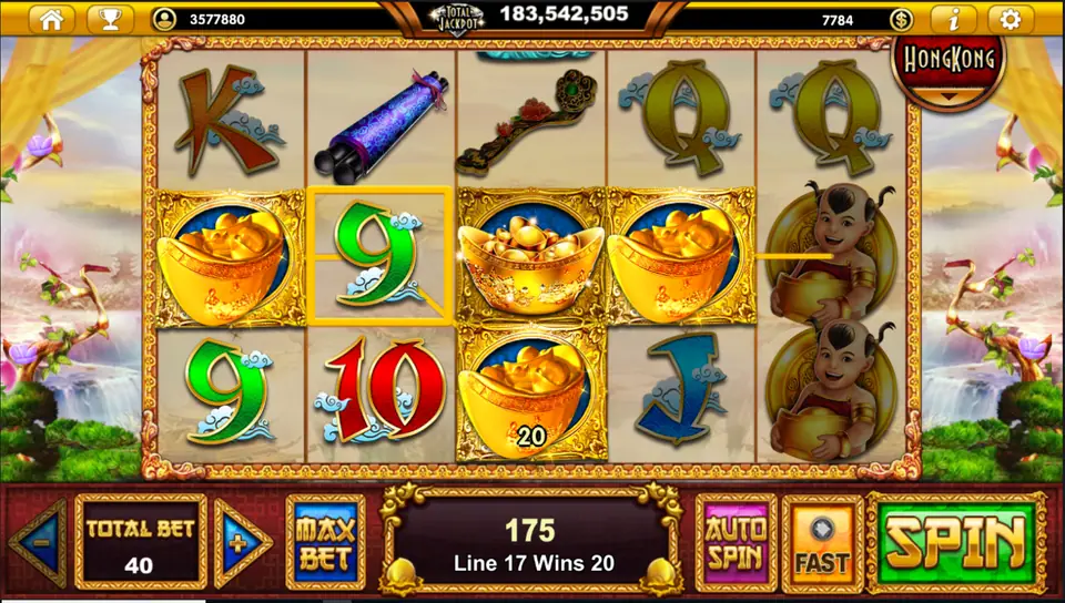 Gold ingot bowls on a winning line with the fortune boy stacked on reel five, total win 175 at Total Bet 40