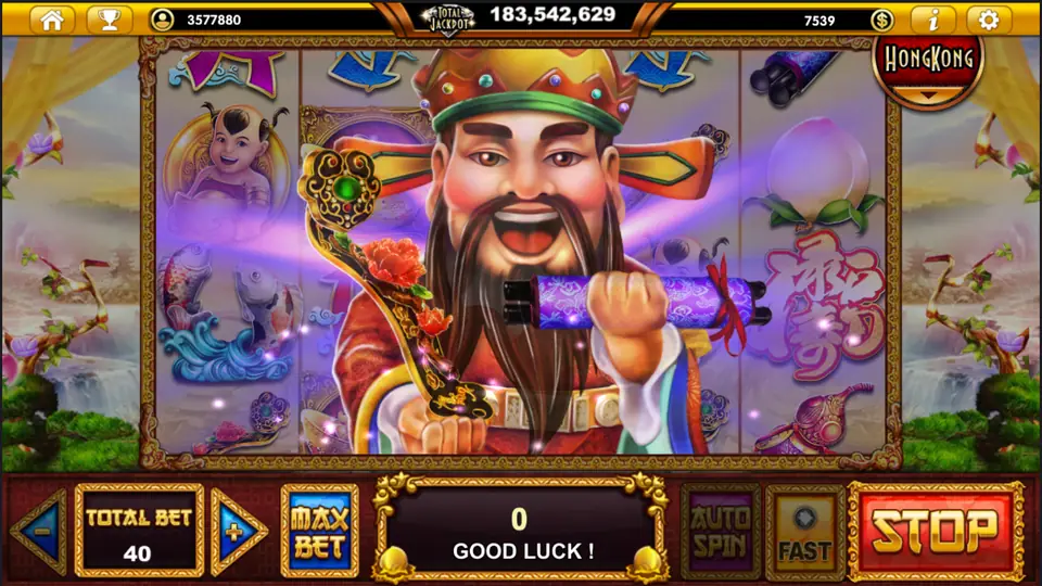 Full-screen God of Wealth holding a ruyi sceptre and scroll, with Good Luck in the win window and a red Stop button