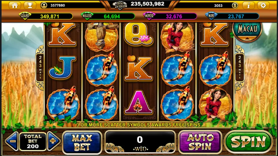 Golden Harvest slot on Live22 with koi pond tiles, a scarecrow, a harvest girl and card ranks on 5x3 reels over a wheat field, 243 Ways markers and Macau badge