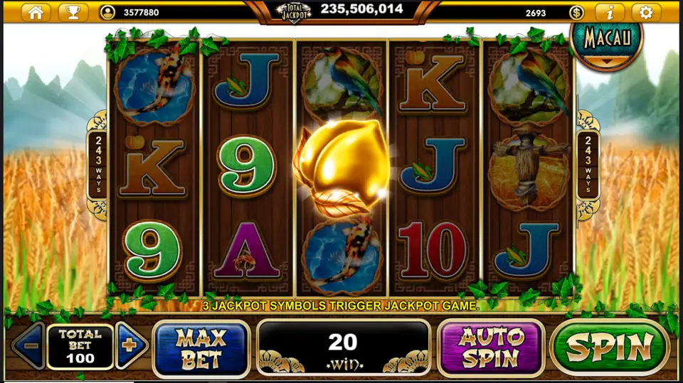 Golden seed symbol glowing on reel three during a 20 win at Total Bet 100