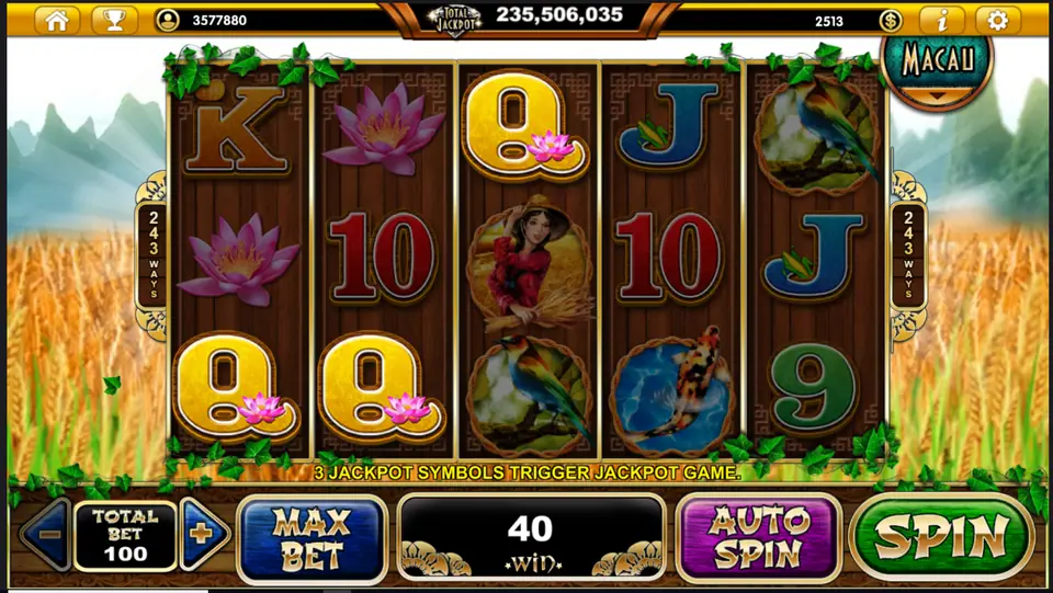 Two lotus Qs on the bottom row and matching 10s and Js across the reels, 40 win at Total Bet 100