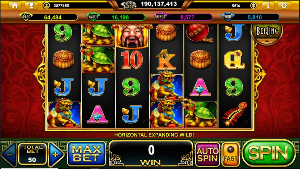 Cai Shen slot on Live22 with the God of Wealth, dragon turtles, a qilin, mooncakes and card ranks on six reels of four rows, with a Horizontal Expanding Wild message