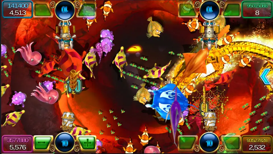 Crowded Ocean table with clownfish, octopus, puffers, a blue billfish and a golden sea dragon being hit