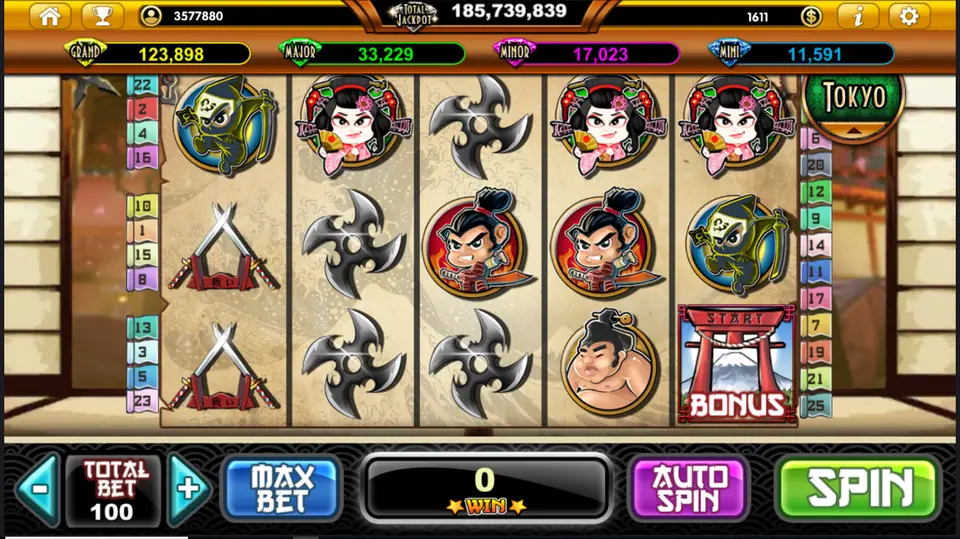 Samurai Hero slot on Live22 with cartoon ninja, geisha, samurai and sumo symbols, shuriken and crossed katanas on 5x3 reels, line flags up to 25 and a torii-gate Bonus symbol