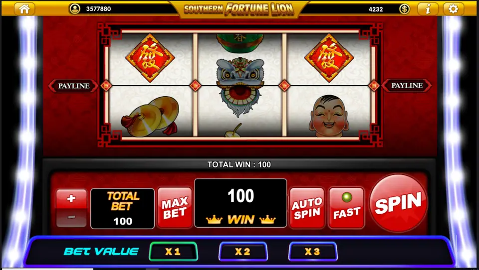 Southern Fortune Lion on Live22 with a lion dance head between two red Fa diamonds on the payline, cymbals and a Big Head Buddha mask, Total Win 100