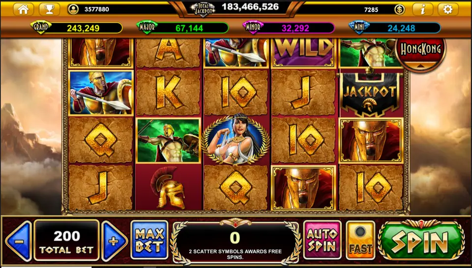 Sparta slot on Live22 with Spartan warriors, a queen portrait, a helmet, a Jackpot shield and stone card ranks on 5x4 reels, Hong Kong badge top right