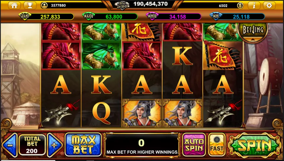 The Mulan slot on Live22 with a red dragon, a green-armoured war horse, a Hua banner and a woman warrior in armour on 5x4 reels, army camp and war drum behind