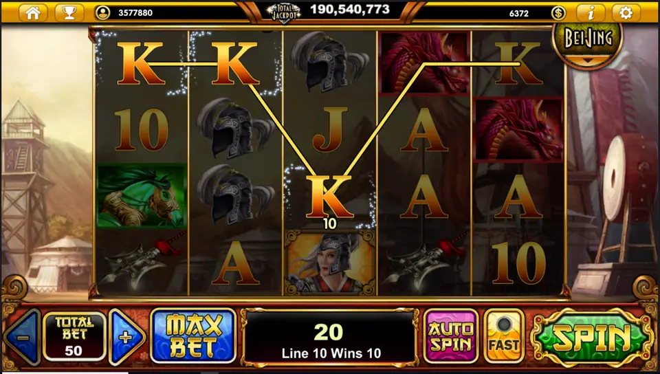 A zig-zag line of Ks paying 10 on line 10 with helmets stacked on reel two, total 20 at Total Bet 50
