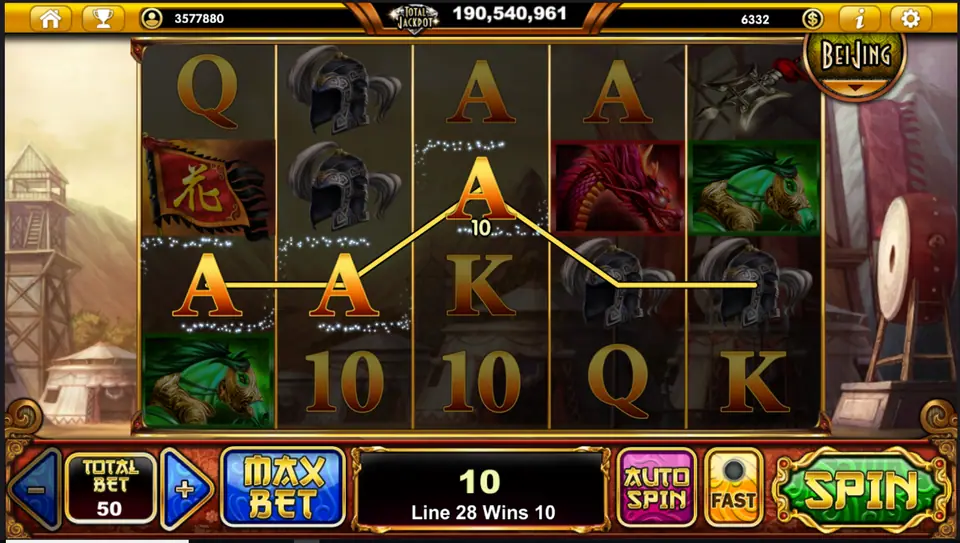 A line of As tracing up and down across the reels for a Line 28 win of 10