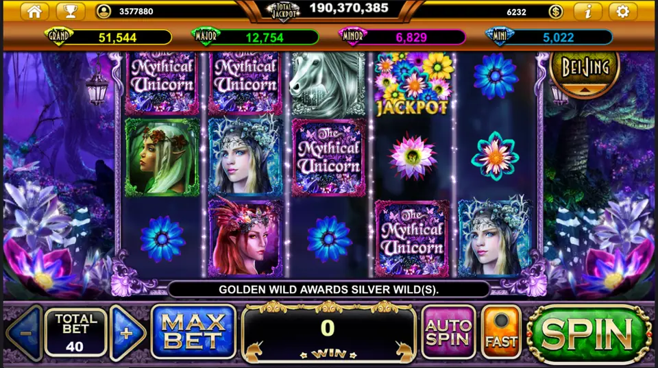 The Mythical Unicorn slot on Live22 with logo tiles, a silver unicorn head, elf and fairy portraits, glowing blue and pink flowers and a Jackpot flower tile on 5x3 reels