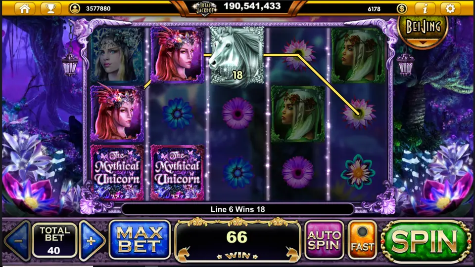 Silver unicorn wild on reel three joining fairy portraits on line 6 for 18, total win 66 at Total Bet 40