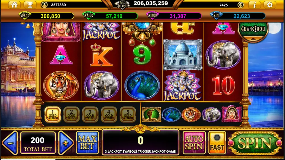 The Majestic TAJ slot on Live22 with a tiger, elephant, peacock, a Taj Mahal tile and Jackpot symbols on 5x3 reels, and a 1 to 5 Gold Symbol ladder beneath