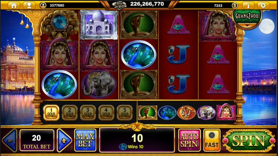 Peacocks, princesses, an elephant and cobras on the reels, with Gold Symbol step 1 lit, win 10 at Total Bet 20