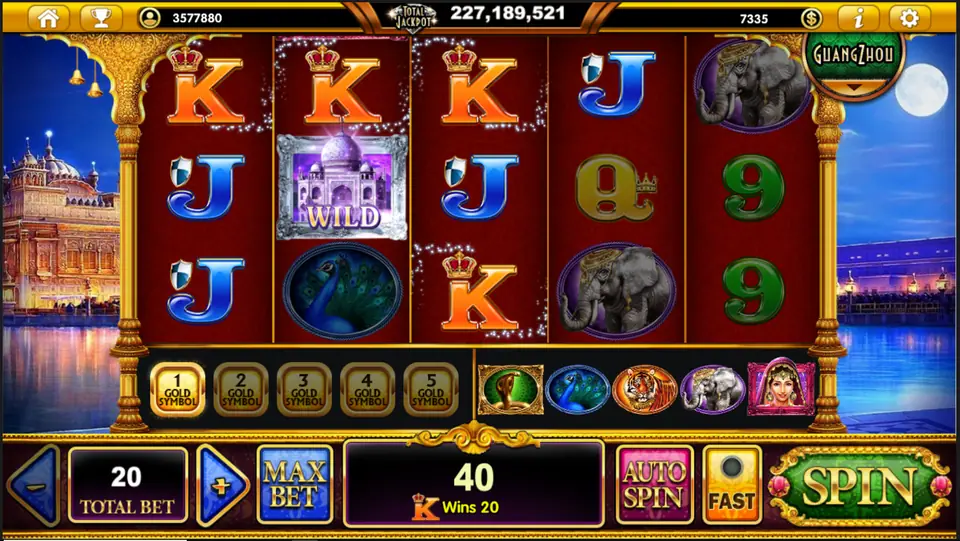 Taj Mahal wild on reel two linking crowned Ks across three reels for a 40 win at Total Bet 20