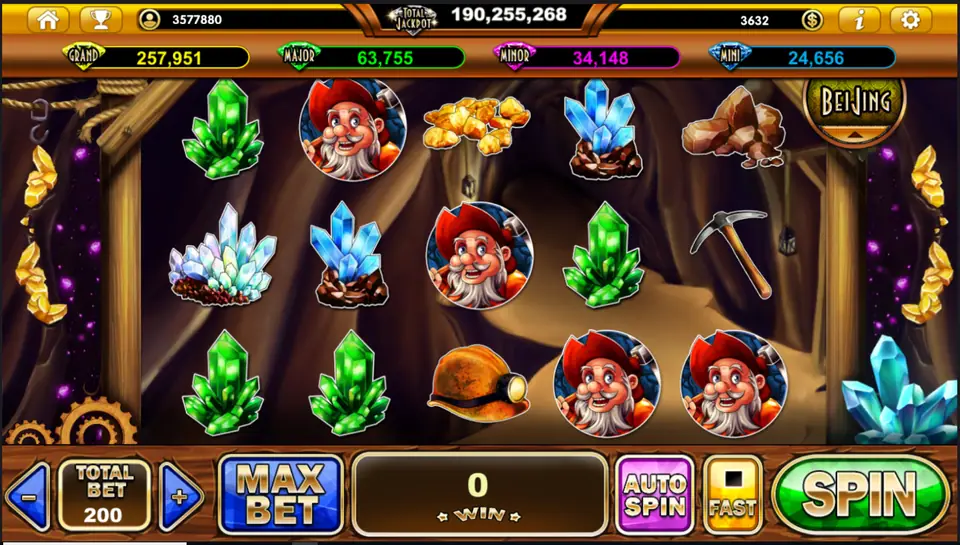 Treasure Varna slot on Live22 inside a mine shaft, with an old bearded prospector, green emeralds, blue crystals, gold nuggets, a pickaxe and a miner's helmet on 5x3 reels
