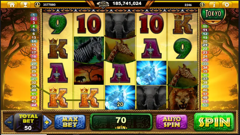 Wild Of Africa slot on Live22 with giraffes, an elephant, zebra, lion and blue diamond on 5x4 reels, numbered line markers 1 to 50 and a Tokyo badge