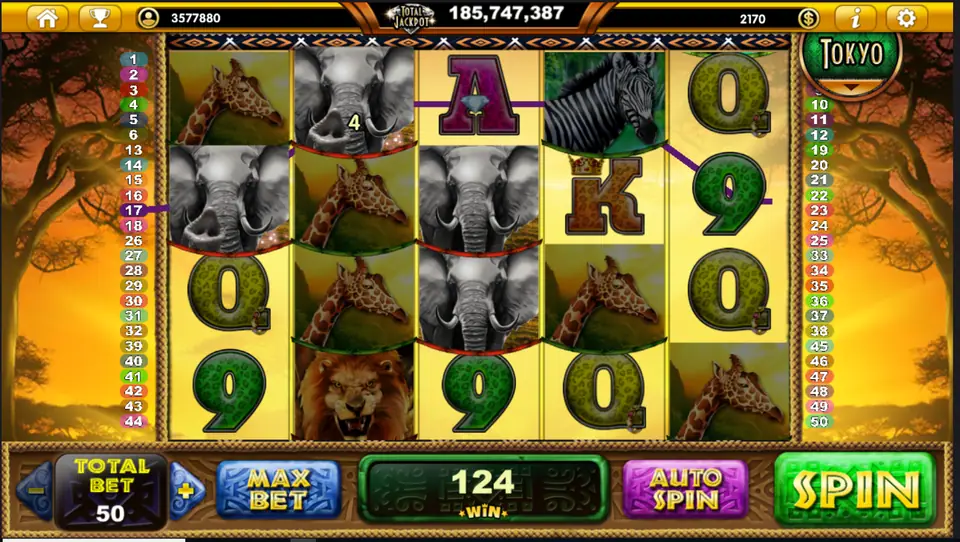 Elephants stacked on reels one to three with giraffes across the grid, total win 124 at Total Bet 50