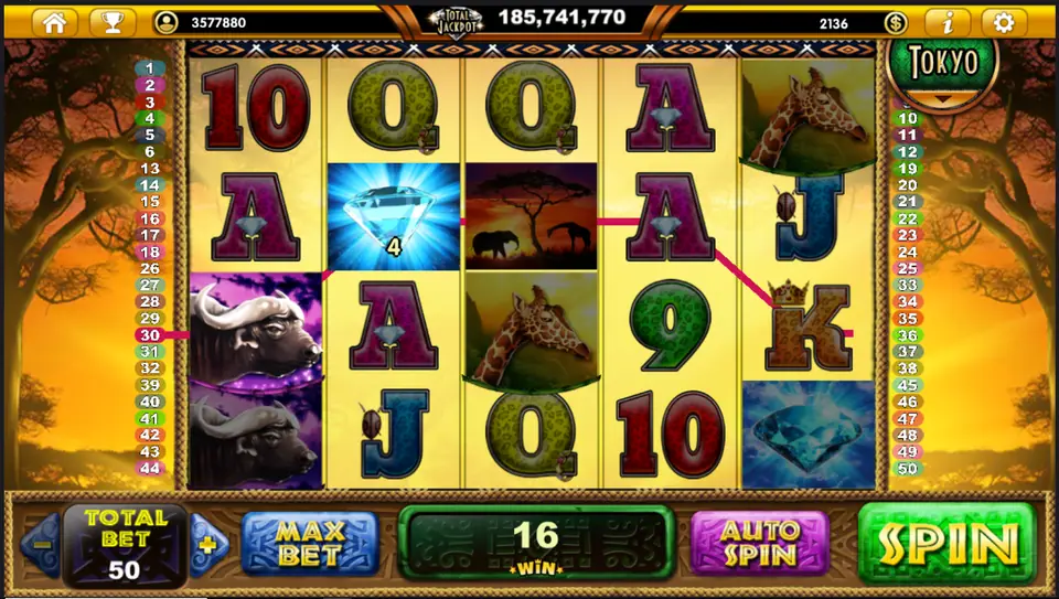 Stacked buffalo on reel one and a diamond on reel two, line wins totalling 16