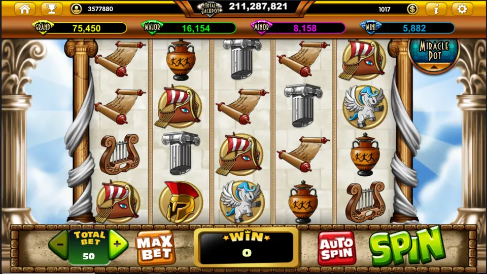 Zeus DMighty slot on Live22 with scrolls, amphorae, columns, Greek ships, a lyre, a Spartan helmet and Pegasus on 5x4 reels between marble columns, Miracle Pot badge