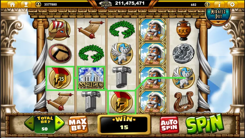 Two Spartan helmets and a temple WILD on a green line for a 15 win at Total Bet 50, with Zeus stacked on reel four