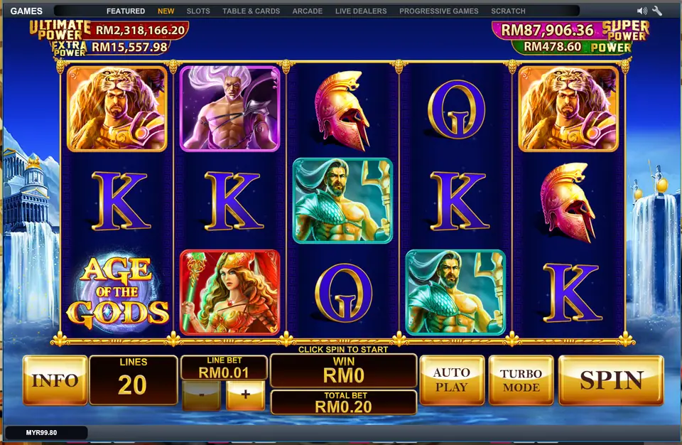 Age of the Gods on LPE88 with Hercules, Athena, Poseidon and Spartan helmets on the reels and the four Power jackpot meters in RM