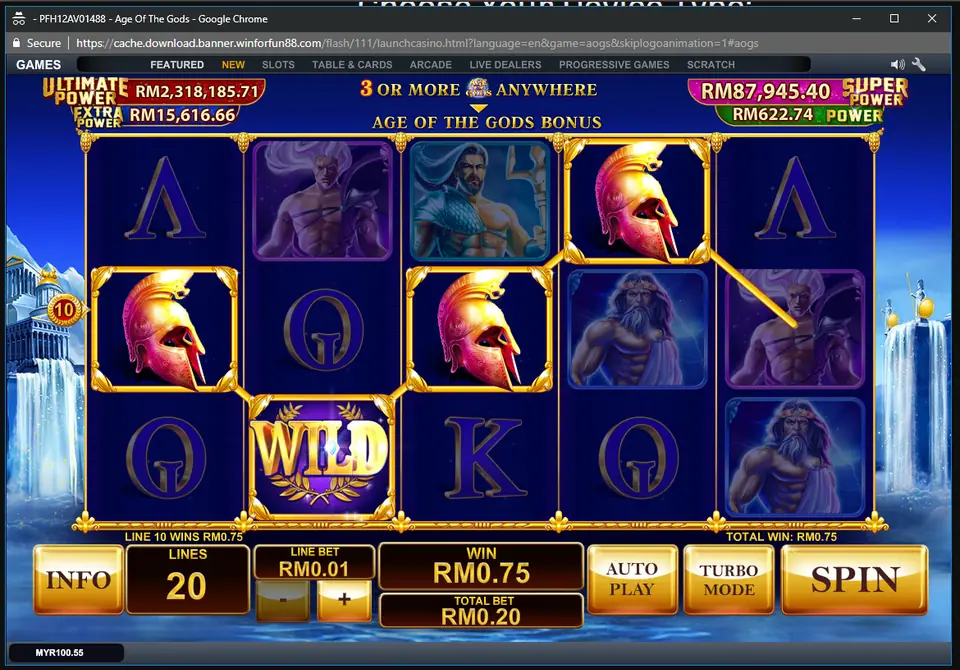 Age of the Gods on LPE88 with a wild completing a line of Spartan helmets for RM0.75, under the message '3 or more anywhere: Age of the Gods Bonus'
