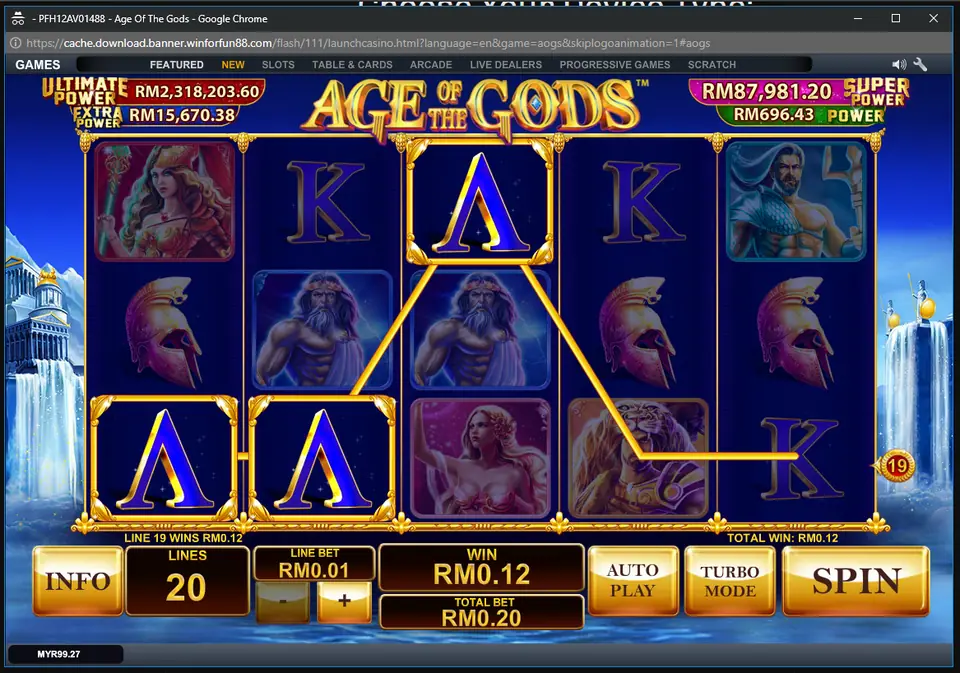 Three A symbols winning RM0.12 on line 19 in Age of the Gods on LPE88
