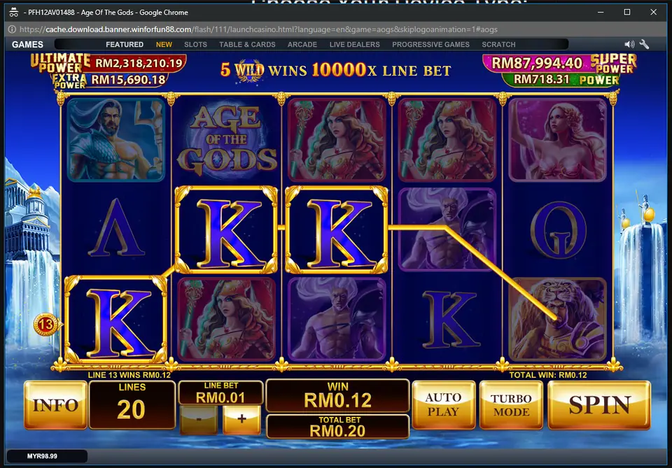 Age of the Gods on LPE88 showing the message 5 wild wins 10000x line bet, with three Ks paying RM0.12 on line 13
