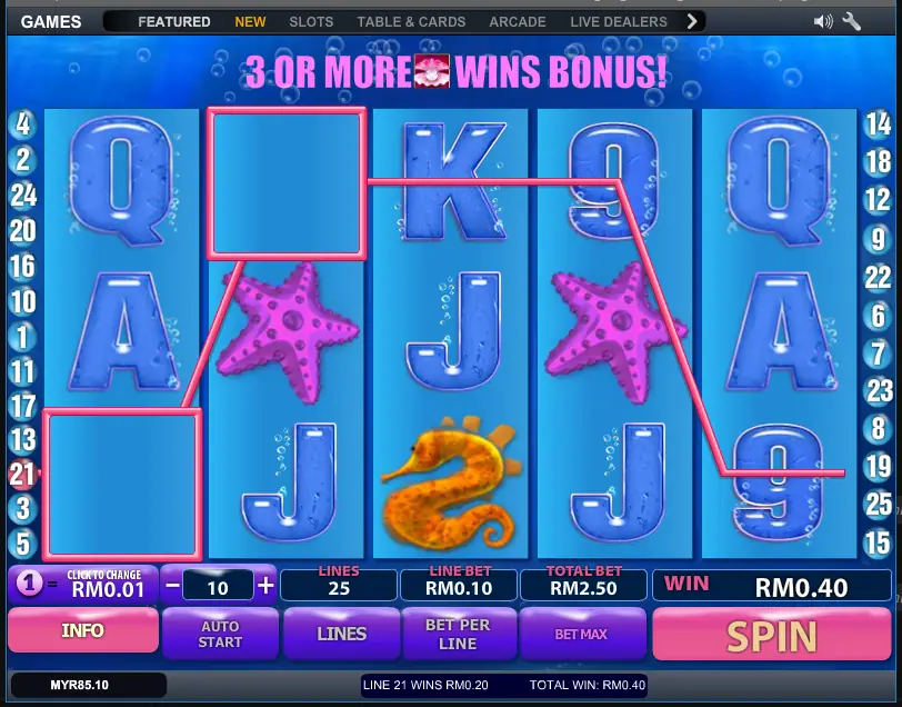 Great Blue on LPE88 showing the '3 or more shell wins bonus' message and a RM0.40 win