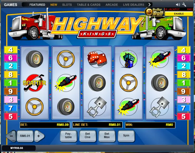 Highway Kings on LPE88 with red and green trucks over the logo, tyres, steering wheels, spark plugs, dice and a scatter symbol on the reels