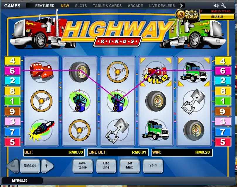 Highway Kings on LPE88 with the red truck wild on reel 4 completing line 6 for RM0.20 at RM0.09 a spin