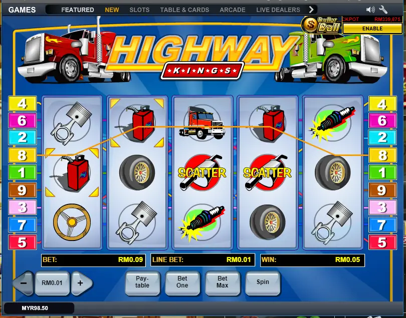 Two scatters on reels 3 and 4 and a jerry-can line win of RM0.05 in Highway Kings on LPE88