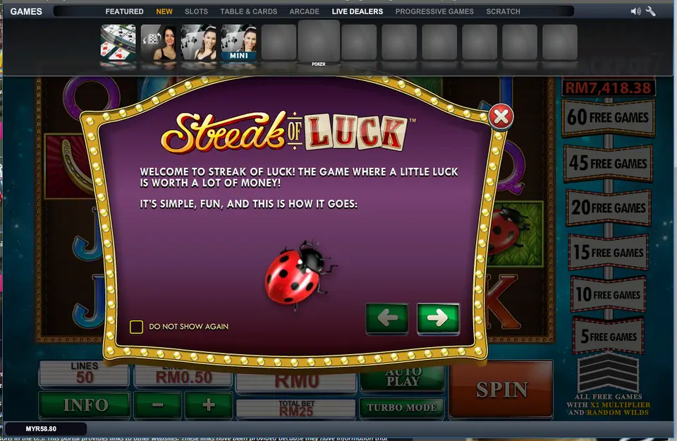 Streak of Luck welcome screen on LPE88 with a ladybird and the free games ladder from 5 to 60 beside the reels