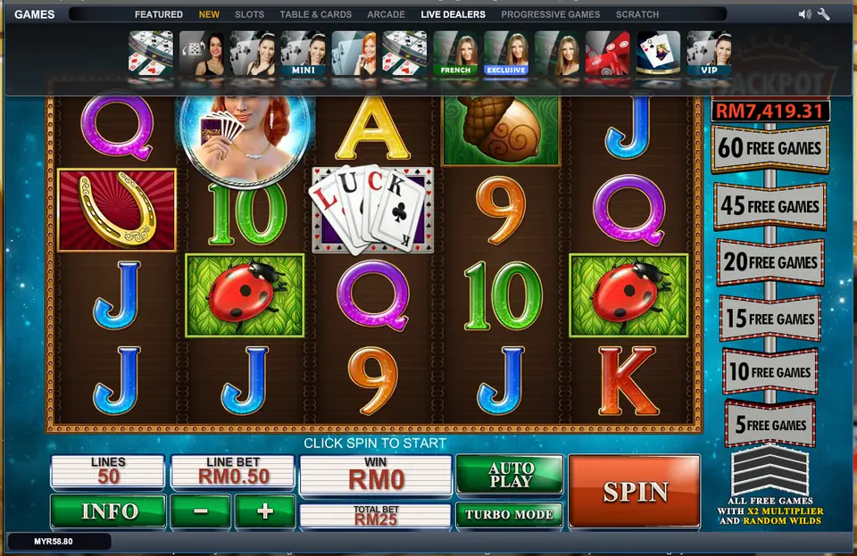 Streak of Luck on LPE88 at RM25 a spin as it opened, with the free games ladder and jackpot on the right