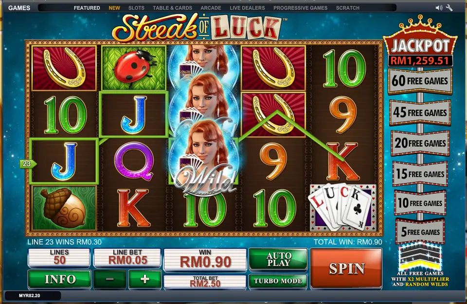 Streak of Luck on LPE88 with a stacked wild on reel 3 and line 23 paying RM0.30, RM0.90 in total at RM2.50 a spin