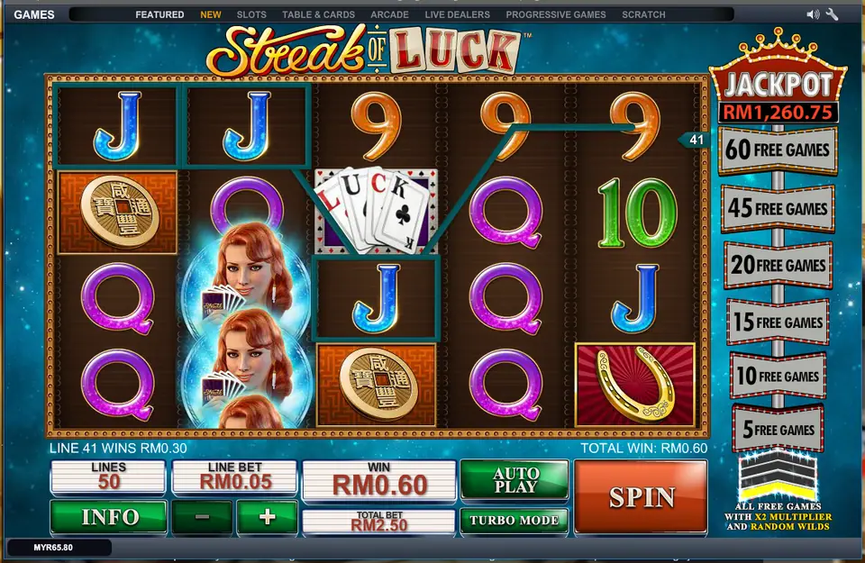 A stacked wild on reel 2 of Streak of Luck helping line 41 win RM0.30, RM0.60 in total
