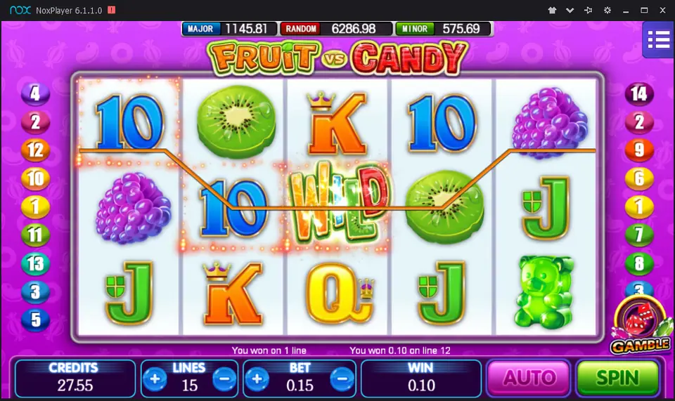 Fruit vs Candy on Mega888 with a WILD on reel 3 completing a line of blue 10s, 15 lines at a bet of 0.15