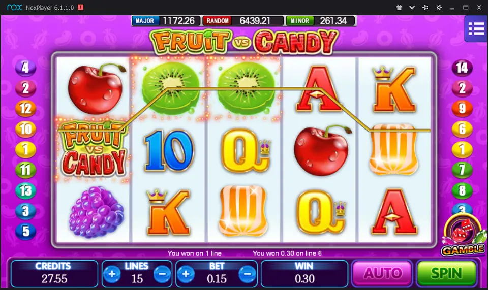 A 0.30 win on line 6 in Fruit vs Candy on Mega888, with the logo symbol starting the line and two kiwis