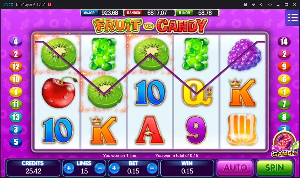 Three kiwis paying 0.15 on a V-shaped purple line in Mega888 Fruit vs Candy
