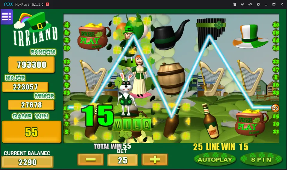 Ireland slot on Mega888 with two Free Play pots of gold on reels 1 and 5 and a 25-line win of 15