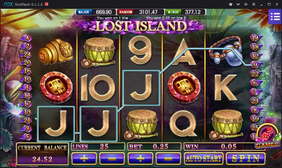 Lost Island on Mega888 with a line of J symbols highlighted, tribal drums, red tiki shields and a golden shell idol, 25 lines at 0.25