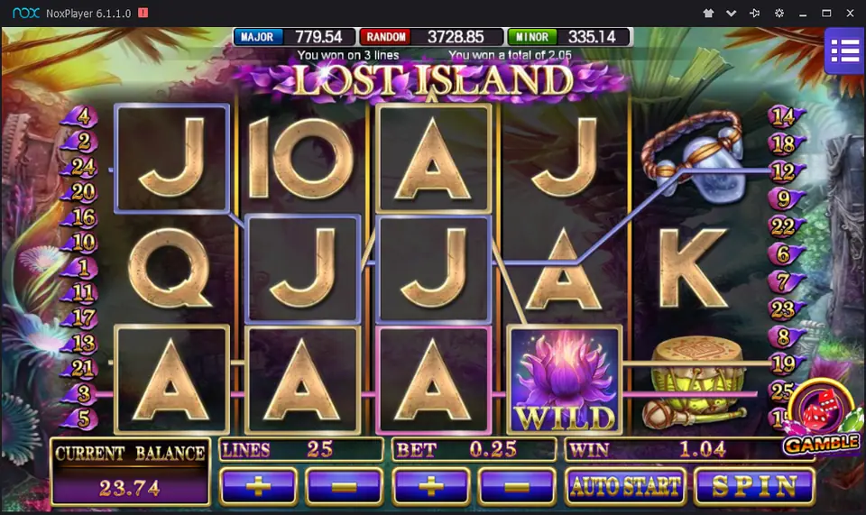 Row of aces with a lotus wild on reel 4 paying 2.05 across three lines in Mega888 Lost Island