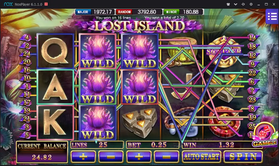 Lost Island on Mega888 with five lotus wilds on reels 2 and 3 and a 16-line win of 2.70