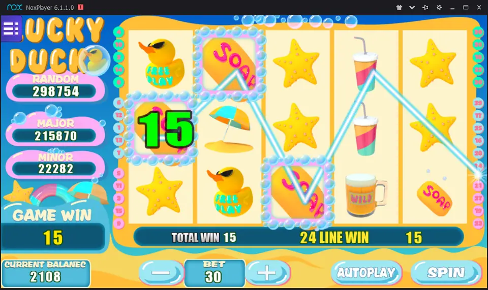 Lucky Duck on Mega888 with a soap bar line win of 15, rubber duck Free Play symbols, starfish and a beach umbrella