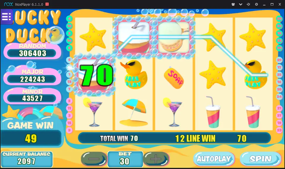 Lucky Duck paying 70 on line 12 from paper cups, with two Free Play ducks on the reels