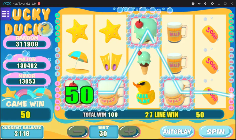Lucky Duck on Mega888 with two WILD mugs helping an ice cream line win, 27 Line Win 50, total win 100