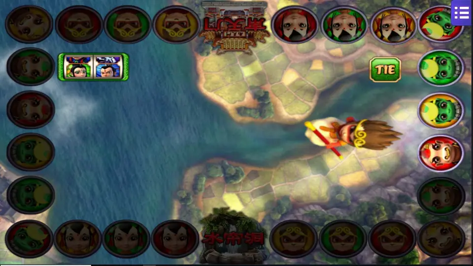 Sun Wukong flying across the ring on his cloud in Mega888 Monkey Story, with a two-character face-off card and a TIE marker