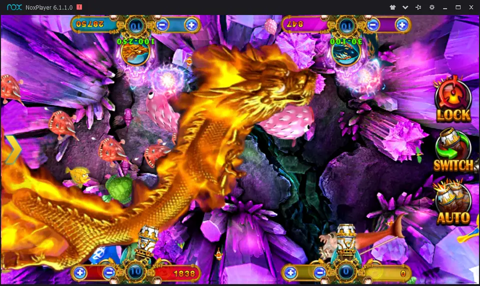 Ocean King on Mega888 with a golden fire dragon sweeping across a purple crystal cave, four cannon seats and Lock, Switch and Auto buttons